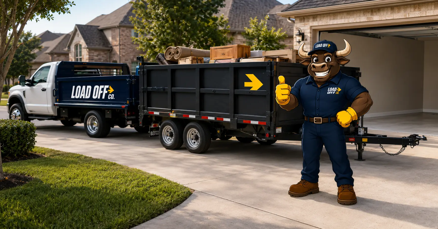 Big Lou beside a LOAD OFF CO. trailer at a cleared North Texas garage