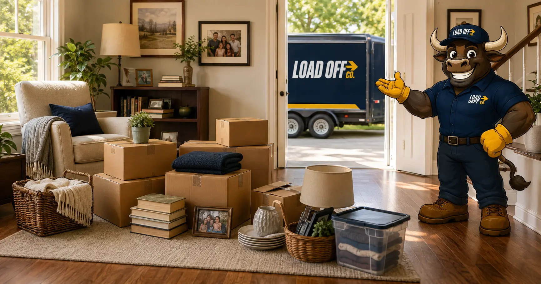 Big Lou guiding an organized whole-home cleanout with boxes, furniture, and a LOAD OFF CO. trailer