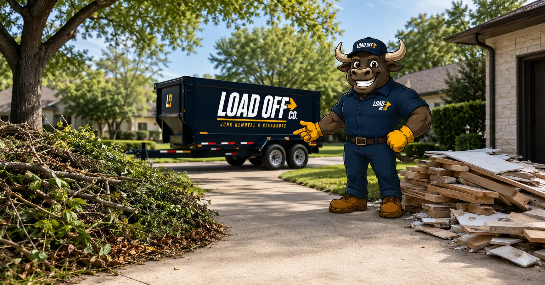 Big Lou pointing between separated yard debris and construction debris beside a LOAD OFF CO. trailer