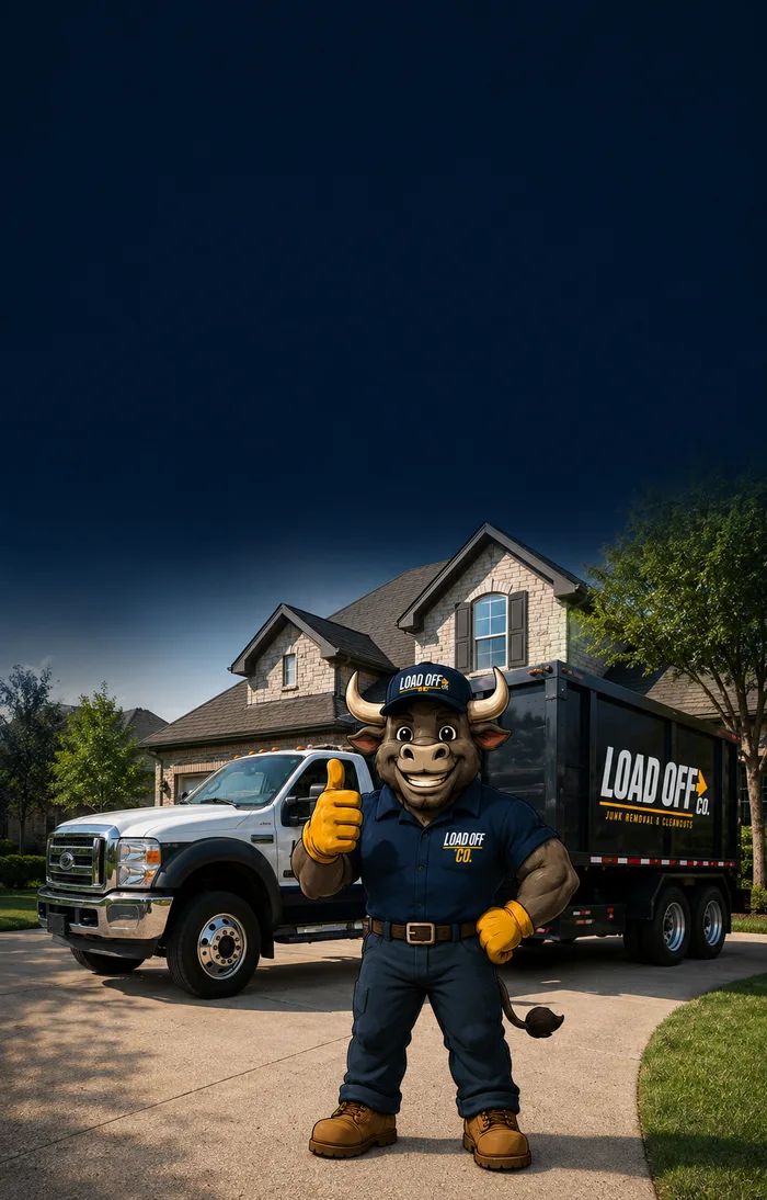Load Off Co. mascot giving a thumbs up in front of the company truck